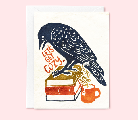 Crow & Books Greeting Card: Let's Get Cozy