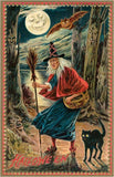 Postcard: Hallowe'en Witch & Black Cat in Forest