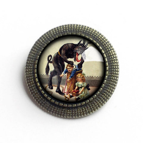 Krampus with Basket o' Children Brooch, Handmade in Detroit