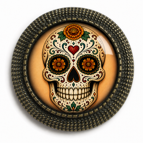 Day of the Dead Marigold Calavera Brooch, Handmade in Detroit