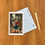 Postcard: Hallowe'en Witch & Black Cat in Forest