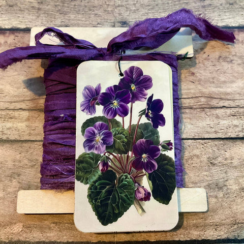 Silk Ribbon & Gift Card Set: Plum with Violets & Nature Tags