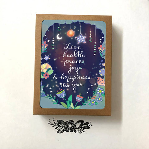 New Year Cards: Box of 8 (Love, Health, Peace, Joy & Happiness)