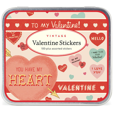 Vintage Valentine Stickers in a Tin, 24 Sheets