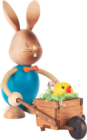 Handmade Wooden Bunny with Wheelbarrow, from Germany