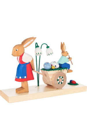 Handmade Wooden Bunny Mama & Son Easter Egg Cart from Germany