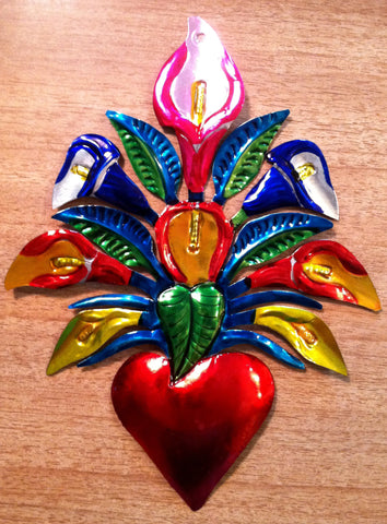 Tin Milagro Heart with Flowers