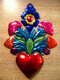 Tin Milagro Heart with Flowers