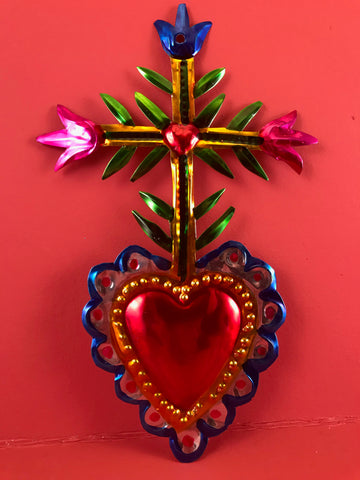 Tin Milagro Heart with Cross
