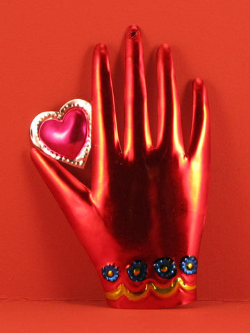 Mexican Tin Heart in Hand Ornaments