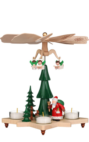 German Christmas Pyramid: Santa in Forest with Angels Hovering 'Round