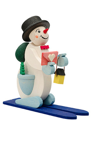 German Christmas Ornament: Snowman on Blue Skis