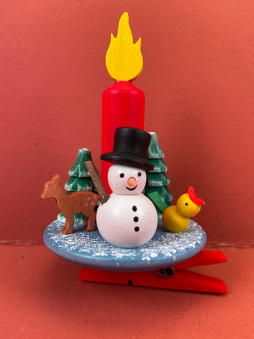 German Christmas Ornament: Clip On Candle with Snowman