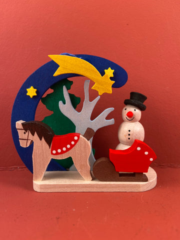 German Christmas Ornament: Snowman with Horse & Sleigh